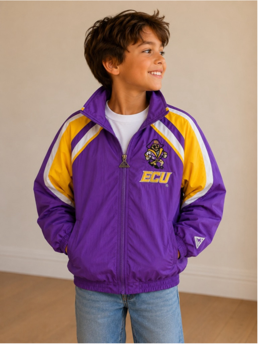 Kids Genuine Stuff ECU Jacket Size M Purple Yellow Summer Sale